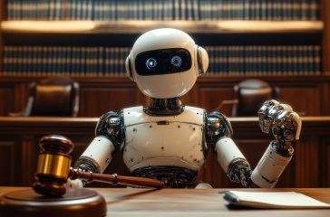 Futuristic robot judge in a courtroom holding a gavel and scales of justice