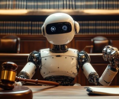 Futuristic robot judge in a courtroom holding a gavel and scales of justice