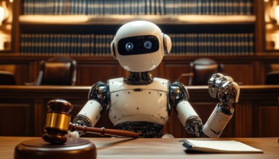 Futuristic robot judge in a courtroom holding a gavel and scales of justice