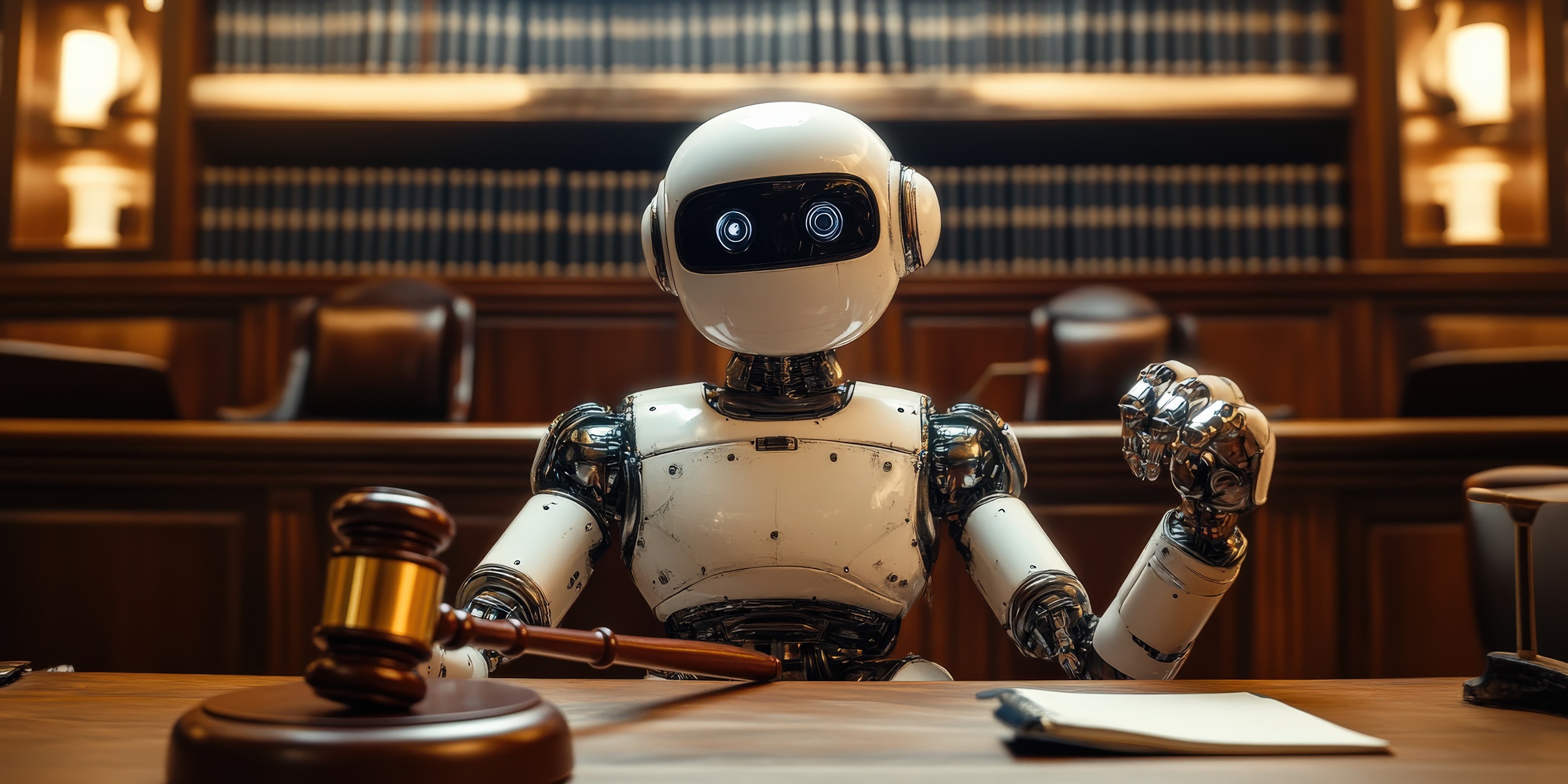 Futuristic robot judge in a courtroom holding a gavel and scales of justice