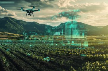 A drone flies over a field of crops, collecting data with futuristic technology and digital overlay.