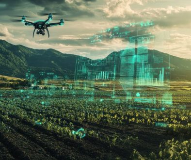 A drone flies over a field of crops, collecting data with futuristic technology and digital overlay.